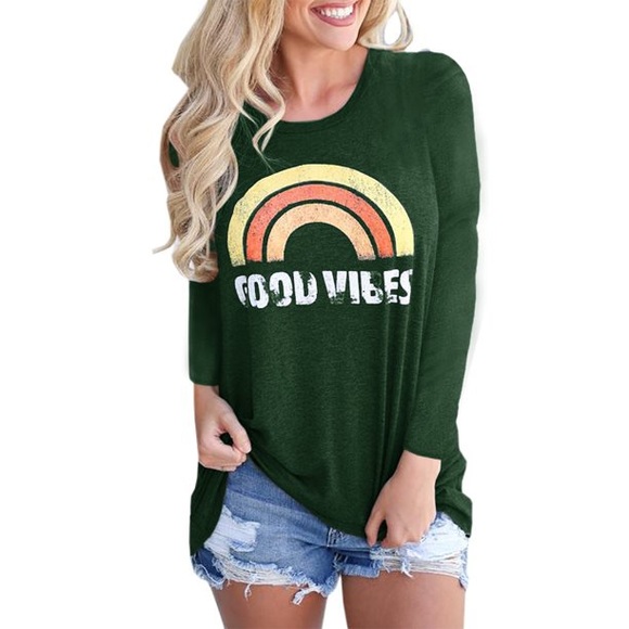 Tops - Raibow Pattern Women Long Sleeve Cute Good Vibes T-shirt